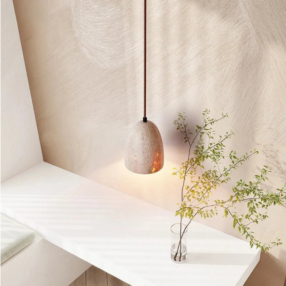 TerraLume | Handgemaakte hanglamp van travertijn en hout