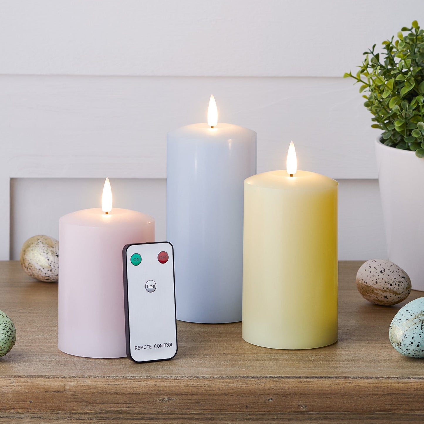 PastelGlow – Set van 3 TruGlow® Pastel LED zuilkaarsen met afstandsbediening