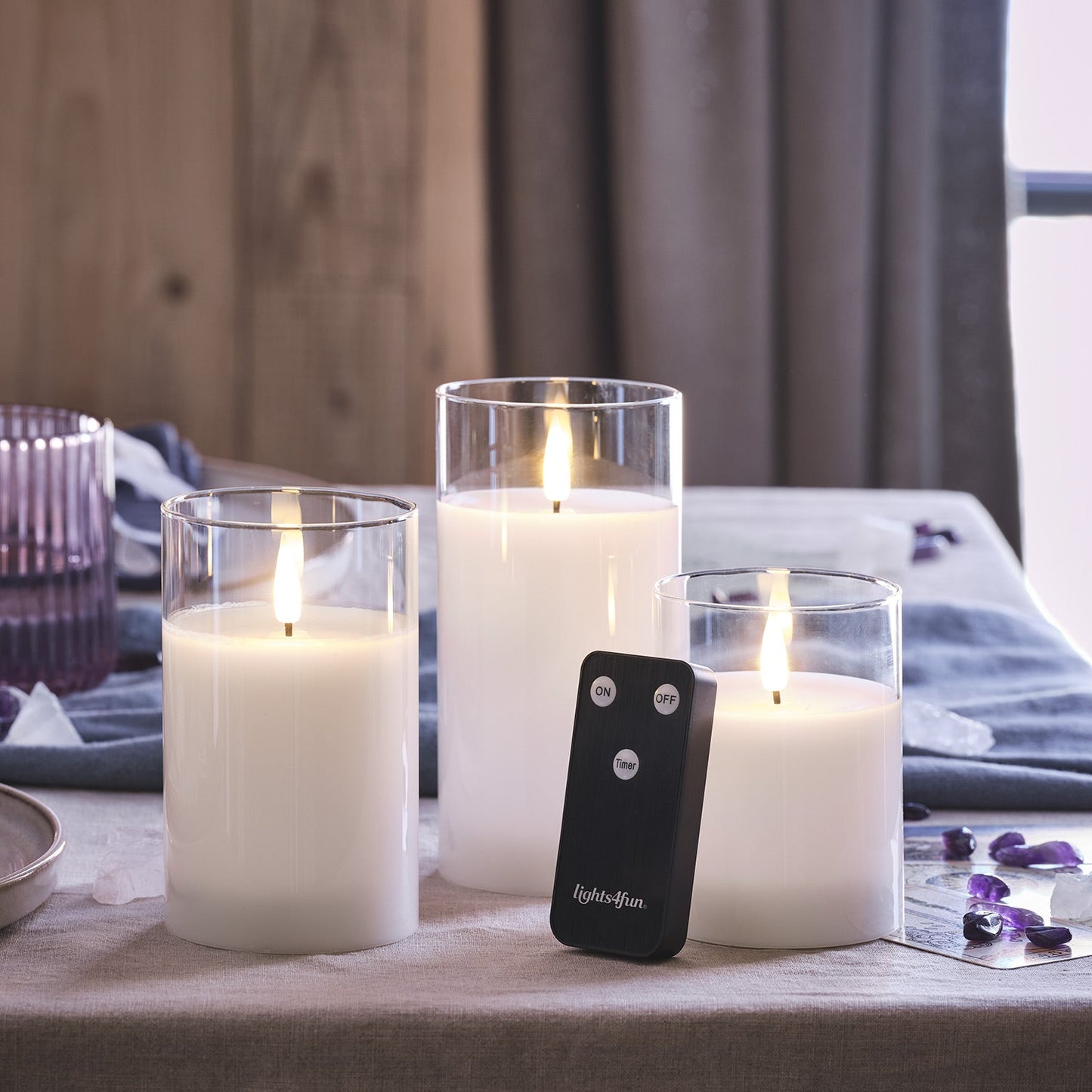 LumiGlass – Set van 3 TruGlow® witte LED-kaarsen met glazen kandelaar