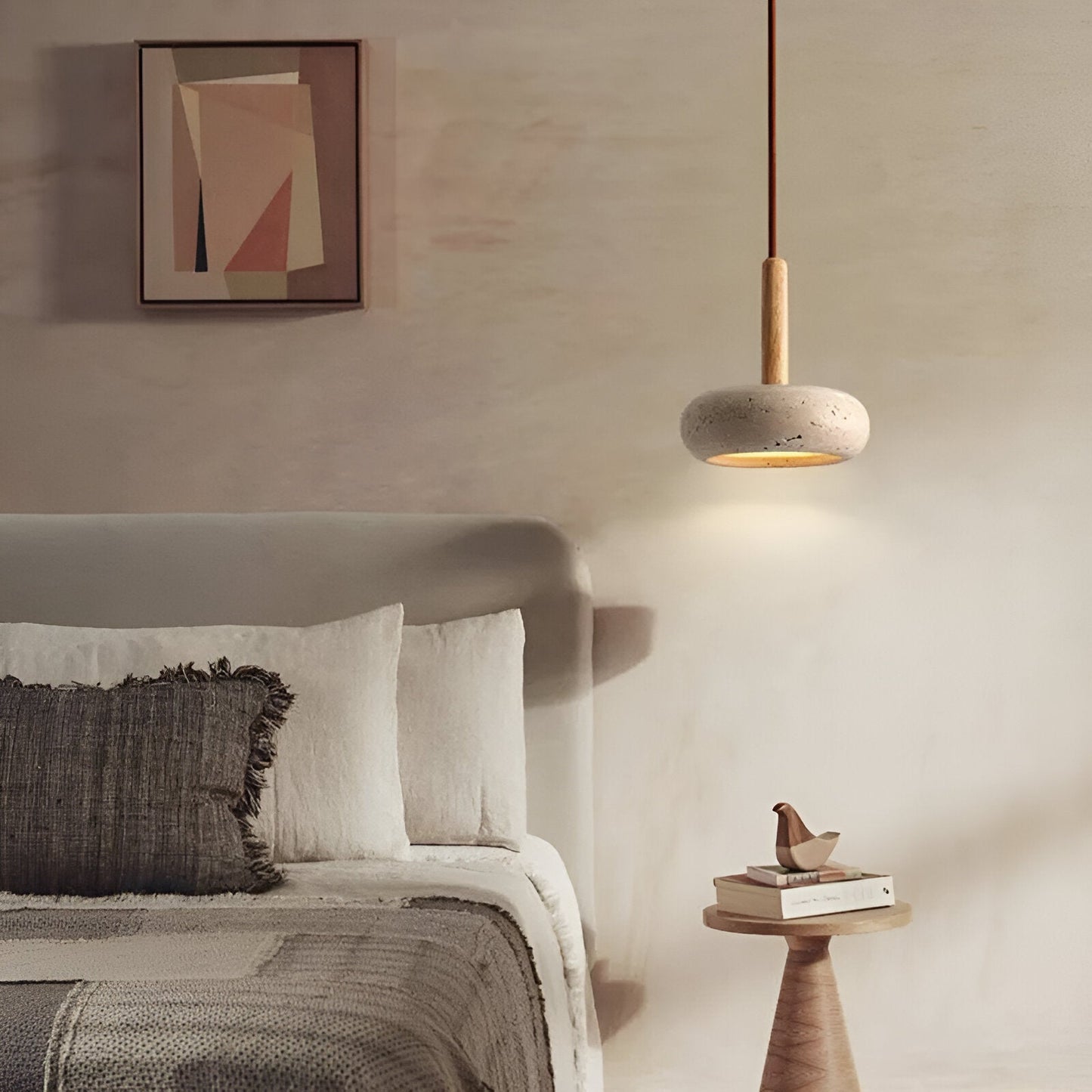 LumiMarm – Ronde hanglamp van travertin en hout