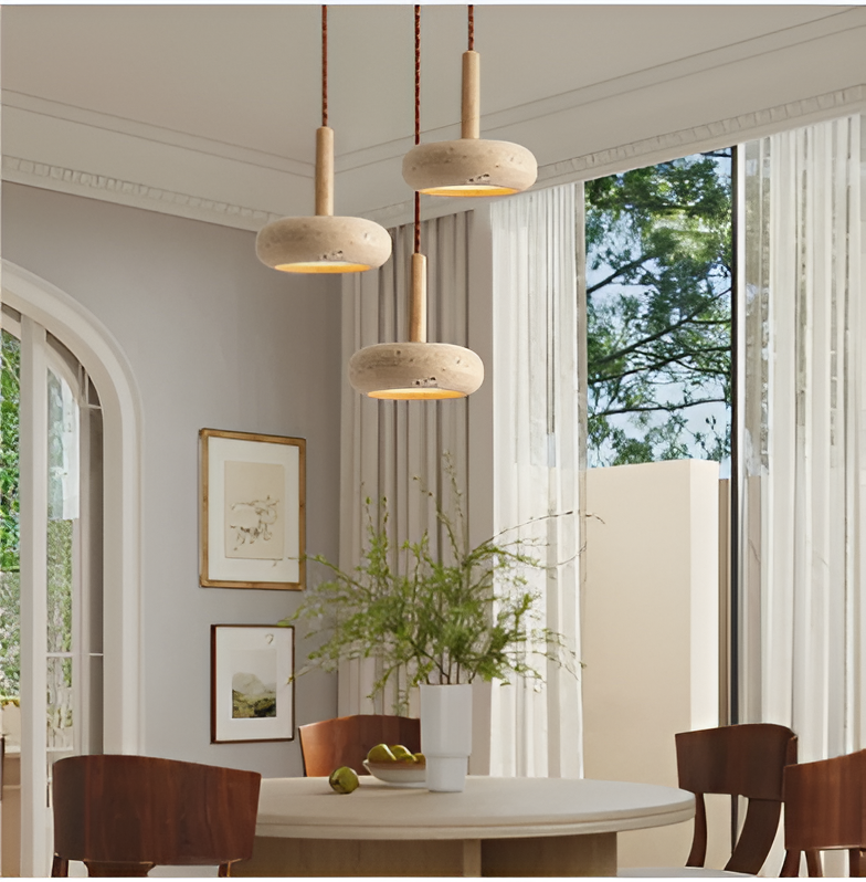 LumiMarm – Ronde hanglamp van travertin en hout