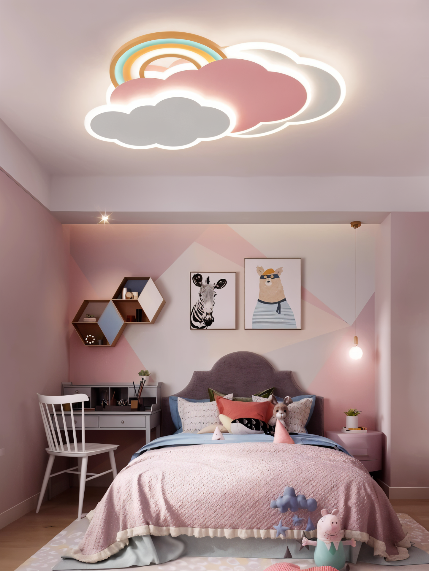 PinkCloud – LED-plafondlamp gekleurd Wolk en Regenboog