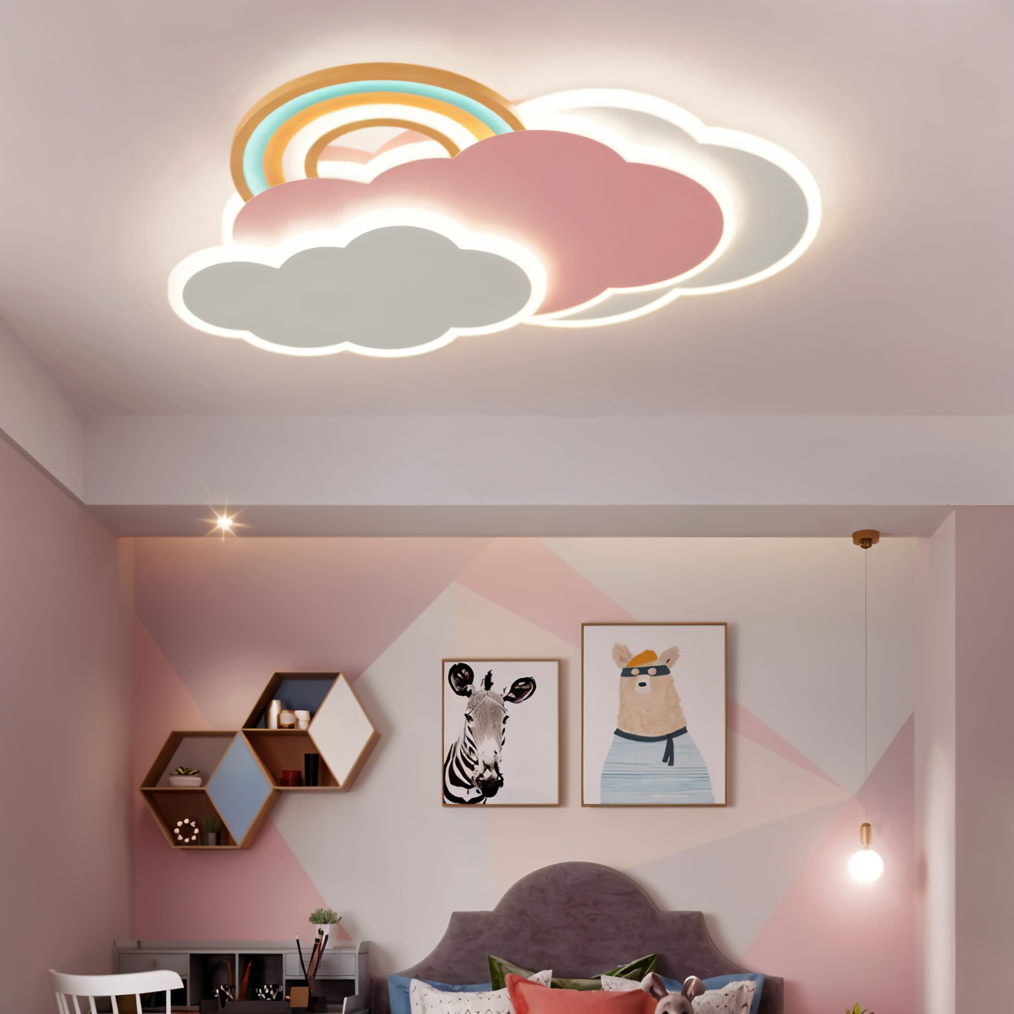 PinkCloud – LED-plafondlamp gekleurd Wolk en Regenboog