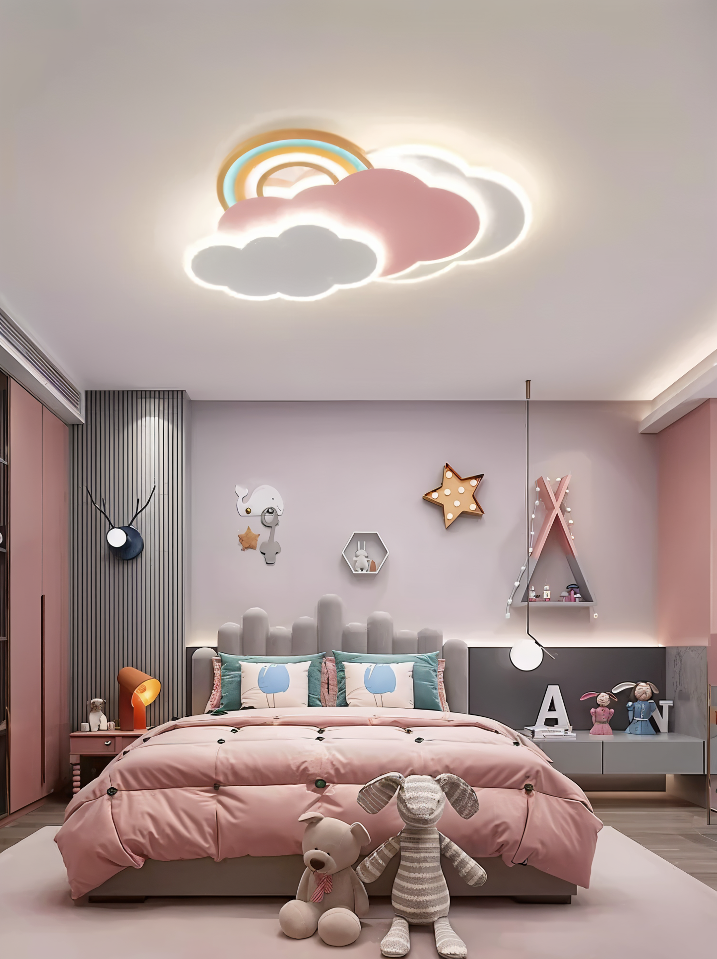 PinkCloud – LED-plafondlamp gekleurd Wolk en Regenboog