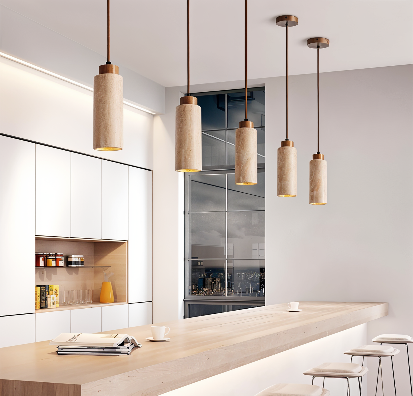 MarmoFina – Cilindrische hanglamp van marmer en hout