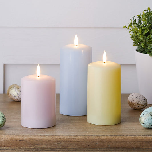 PastelGlow – Set van 3 TruGlow® Pastel LED zuilkaarsen met afstandsbediening