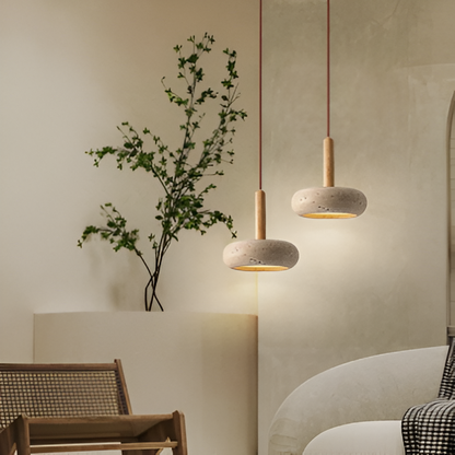 LumiMarm – Ronde hanglamp van travertin en hout